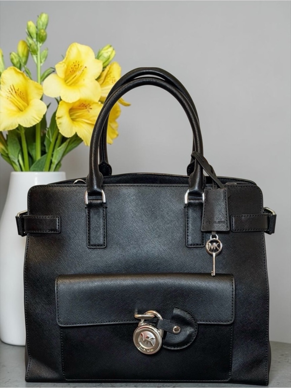 Michael Kors Black Saffiano Satchel with MK Charm